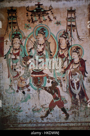 Questa opera d'arte della Grotta di Yulin 25, raffigurante Manjusri, mostra l'arte buddista della dinastia Tang. Il dipinto murale di Manjusri, il Bodhisattva della saggezza, riflette le tradizioni spirituali e artistiche dell'epoca, con dettagli intricati e colori vivaci. Foto Stock