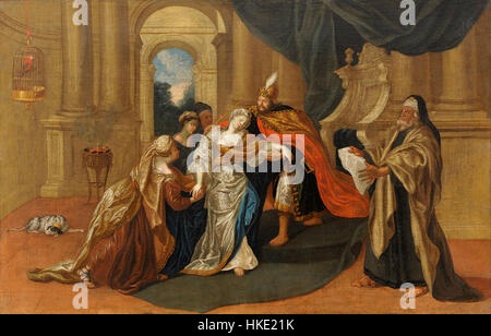 Il dipinto "Esther vor Ahasver" del XVII secolo è una rappresentazione della storia biblica della regina Esther davanti al re Assuero. L'opera riflette lo stile barocco, caratterizzato da un uso drammatico della luce, forti emozioni e figure dettagliate, comuni nell'arte religiosa durante questo periodo. Foto Stock