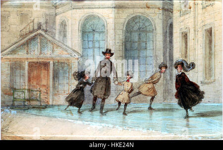 Questo dipinto raffigura i figli del granduca Constantin Nikolaevich di Russia che pattinano, catturando un momento familiare di spensieratezza in un ambiente invernale imperiale russo. Foto Stock