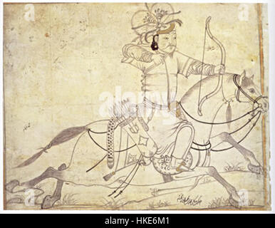 Il dipinto dell'arciere del cavallo Ilkhanide rappresenta un guerriero del periodo Ilkhanato, che mostra l'abbigliamento militare e l'equipaggiamento da battaglia dell'epoca. Riflette la cultura marziale dell'Impero mongolo durante il XIII secolo. Foto Stock