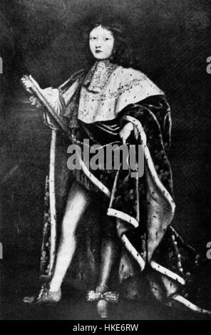 Questa opera raffigura Luigi XIV di Francia, noto come il Re Sole, in un ritratto regale che mostra la sua grandezza e il suo potere assoluto. Il dipinto cattura l'opulenza della monarchia francese durante il suo regno. Foto Stock