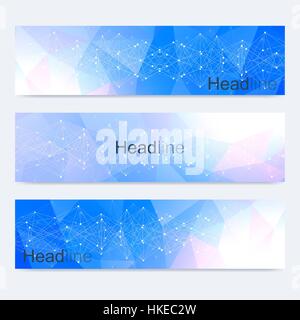 Set di scientifica di moderno vettore banner. Molecola di DNA struttura collegata con linee e punti. Scienza sfondo vettoriale. Medico, tecnology, chimica design. Illustrazione Vettoriale