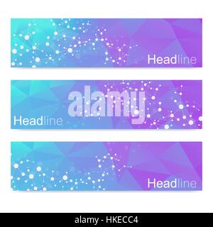 Set di scientifica di moderno vettore banner. Molecola di DNA struttura collegata con linee e punti. Scienza sfondo vettoriale. Medico, tecnology, chimica design. Illustrazione Vettoriale