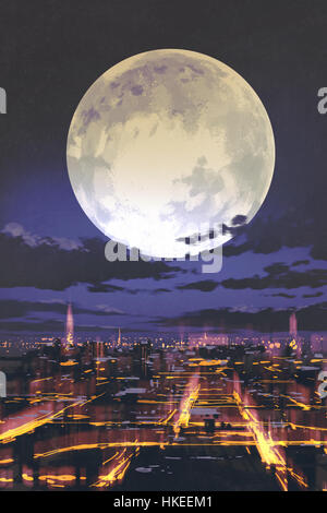 Paesaggio di notte di luna piena per tutta la notte dello skyline della città con luce colorata, illustrazione pittura Foto Stock
