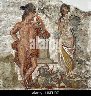 Mosaico della Medusa, ispirandosi al mito di Perseo. Scena di Perseo e Andromeda. Trovato nella Tarraco. 2a-3a secolo D.C. Museo Archeologico Nazionale di Tarragona. Spagna. Foto Stock