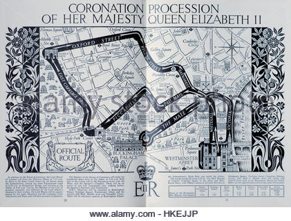 Mappa del percorso della processione solenne incoronazione della Regina Elisabetta 2nd, 2 giugno 1953 Foto Stock