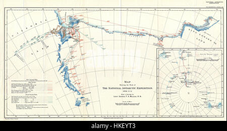 Questa mappa della spedizione antartica del 1904 mostra le regioni della Terra di Victoria e della Terra di Re Edoardo VII in Antartide. Mette in evidenza le scoperte geografiche fatte durante l'esplorazione del continente all'inizio del XX secolo. Foto Stock