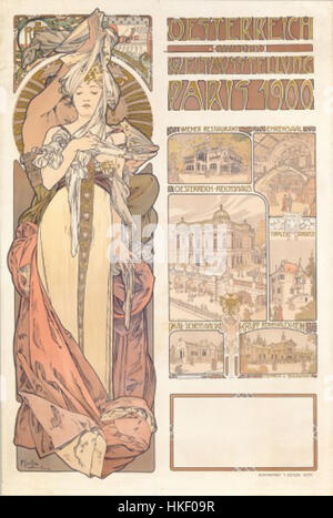 Il lavoro di Alphonse Mucha per il Padiglione austriaco alla Paris Exposition Universelle 1900 mette in mostra il suo stile Art Nouveau. Il design enfatizza linee fluide, motivi ornati e colori vivaci, celebrando la cultura austriaca e il successo artistico durante i primi anni del XX secolo. Foto Stock