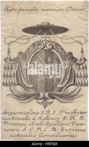Questa libreria ex libris apparteneva a Sigismund von Kollonitz. Presenta intricati lavori artistici di design tipici delle librerie del XVIII secolo, che incorporano incisioni dettagliate ed elementi personalizzati, un riflesso del gusto e del patrimonio del proprietario. Foto Stock