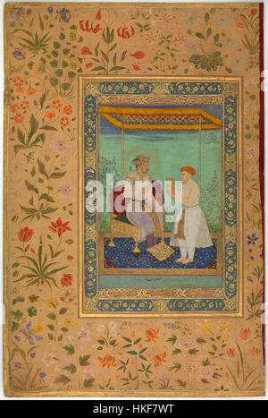 Questo foglio dello Shah Jahan album, creato intorno al 1615, raffigura l'imperatore Mughal Jahangir con il suo visir, i'timad al Daula. Il dipinto è un bell'esempio di arte moghul, che mostra dettagli intricati, colori vivaci e ricche texture tipiche dello stile d'arte in miniatura del periodo. Foto Stock