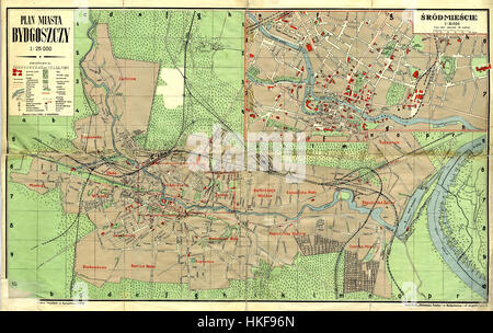 Una pianta della città di Bydgoszcz, Polonia, dal luglio 1939, che mostra il layout urbano poco prima della seconda guerra mondiale. La mappa fornisce informazioni dettagliate sulle infrastrutture e le strade della città, evidenziando l'importanza di Bydgoszcz nel contesto storico del periodo pre-bellico della Polonia. Foto Stock