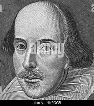 Una sezione di un famoso ritratto di William Shakespeare, drammaturgo e poeta inglese. Il ritratto è spesso associato all'immagine iconica usata per il primo Folio e serve come rappresentazione visiva dell'influenza duratura di Shakespeare sulla letteratura e sul teatro. Foto Stock