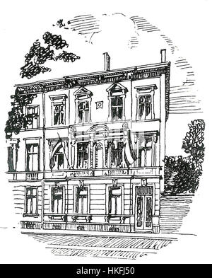 Un dipinto della Guestphalia Haus a Bonn, Germania, che mostra il design architettonico e il significato storico dell'edificio nel paesaggio della città. Foto Stock