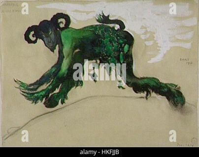 Questa opera d'arte di Léon Bakst ritrae una giovane raffigurazione di Pan, il dio greco della natura. Conosciuto per il suo uso espressivo del colore e della forma, Bakst dà vita a Pan in un ambiente vibrante e dinamico, che riflette la sua padronanza della scena artistica dei primi anni del XX secolo. Foto Stock