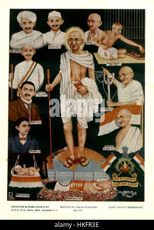 Questa stampa rappresenta la vita del Mahatma Gandhi, illustrando momenti chiave dalla nascita alla morte. L'opera riflette la sua influenza trasformativa sull'India e sul mondo durante il XX secolo. Foto Stock