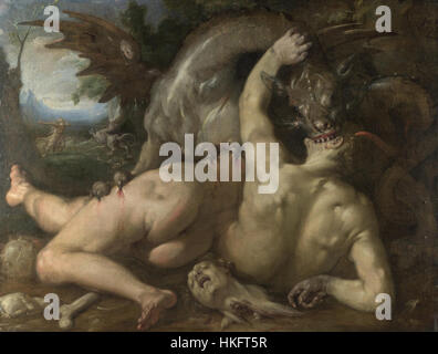 Un'opera d'arte raffigurante la scena mitologica di due seguaci di Cadmo divorati da un drago. Questo pezzo drammatico cattura l'intensità della narrazione mitologica, evidenziando la mitologia classica. Foto Stock