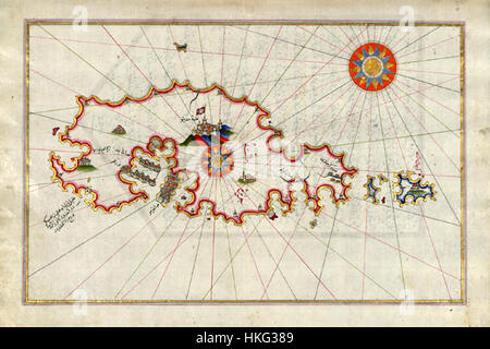 La mappa di Malta di Piri Reis, parte della sua famosa collezione di mappe del mondo, risale al XVI secolo e offre una vista dettagliata della regione mediterranea. Nota per la sua accuratezza, la mappa riflette l'abilità di Reis nella cartografia e i suoi contributi all'esplorazione geografica durante l'era delle scoperte. Foto Stock