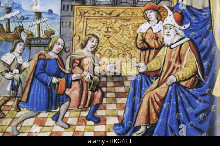 Questa opera d'arte storica raffigura il leggendario incontro tra Kublai Khan e Marco Polo. Il loro incontro nel XIII secolo segnò un momento significativo nella storia delle relazioni est-ovest, con Polo che servì come esploratore veneziano che si recò alla corte dell'imperatore mongolo. Foto Stock