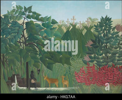Il dipinto di Henri Rousseau "la cascata" raffigura una lussureggiante e onirica scena della giungla con una cascata prominente. Conosciuto per il suo stile ingenuo, l'uso di colori vivaci e paesaggi fantasiosi di Rousseau cattura l'essenza del mondo naturale in un modo unico e fantastico. Foto Stock