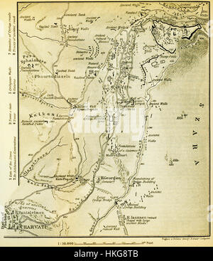 La mappa Baedeker del 1894 di Micene mostra l'area archeologica di questa antica città greca. Micene, un sito chiave nella storia greca antica, era conosciuta per i suoi potenti governanti e la famosa porta dei leoni. La mappa riflette il significato geografico e storico della zona durante la fine del XIX secolo. Foto Stock