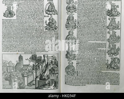 Un'illustrazione tratta dal manoscritto *Schedell Hartmann* di *Athena* (o Minerva), la dea romana della saggezza e della guerra. L'immagine, risalente al 1493, mostra la dea in una posa classica, simboleggiando la sua associazione con la conoscenza e la guerra strategica. Foto Stock