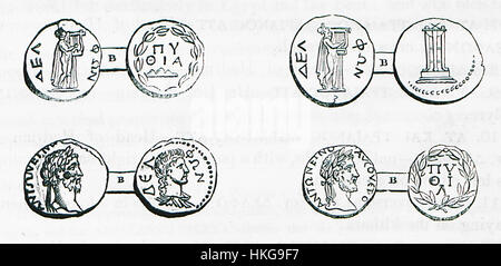 Le monete d'argento di Delfi, presenti nella pubblicazione di Edward Dodwell del 1819, sono ora parte della collezione del British Museum. Queste monete rappresentano un aspetto importante della numismatica greca antica e forniscono una visione dell'economia e della cultura dell'antica Delfi. Foto Stock
