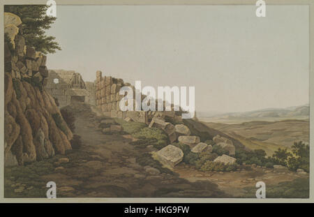 Questa opera d'arte di Edward Dodwell raffigura la porta dei Leoni a Micene, un sito archeologico chiave nell'antica Grecia. La porta è uno dei più importanti resti della civiltà micenea, con un esclusivo rilievo leone che rappresenta il potere e l'autorità della città. Foto Stock