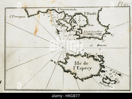 Questa mappa del 1804 di Joseph Roux mostra l'isola di Spetses e i porti vicini Porto Heli e Ververonta nella regione del Peloponneso in Grecia. La mappa offre una rappresentazione geografica dettagliata dell'area, che era di importanza strategica durante il periodo. Foto Stock