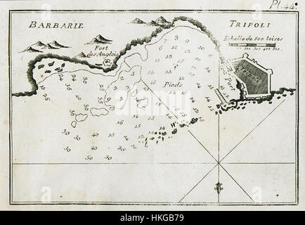 Questa mappa del 1804 di Joseph Roux illustra la baia e il porto di Tripoli, fornendo dettagli cruciali per la navigazione e il commercio nel Mediterraneo durante il XIX secolo. Foto Stock
