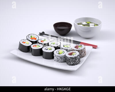 Set di sushi e maki roll isolati su sfondo bianco, 3d illustrazione Foto Stock