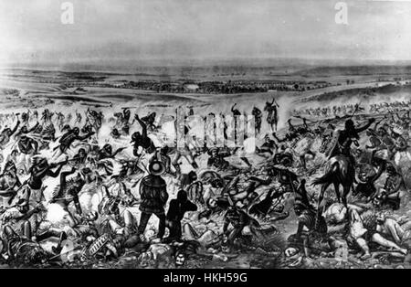 Questo dipinto rappresenta la scena drammatica dell'ultima resistenza di Custer, la battaglia del Little Bighorn, dove il generale George Armstrong Custer e le sue truppe furono sconfitti dalle forze dei nativi americani nel 1876. Il dipinto raffigura il caos e l'intensità della battaglia, catturando un momento cruciale nella storia americana. Foto Stock