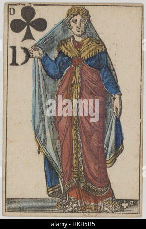 Questa carta "Queen of Clubs" di un primo ponte dell'Impero francese, risalente al 1810, riflette lo stile di design popolare durante l'era napoleonica. Il mazzo presenta intricate incisioni e simboleggia la grandezza dell'impero, con carte spesso utilizzate in corte e nei circoli nobiliari. Foto Stock