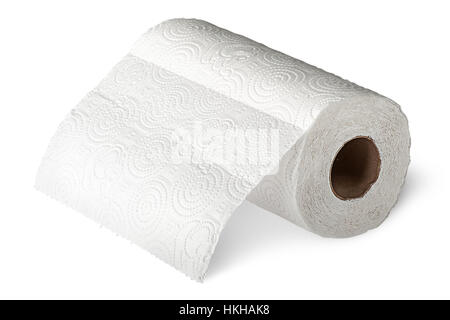 Bianco rotolo di asciugamani di carta srotolata orizzontalmente isolati su sfondo bianco Foto Stock