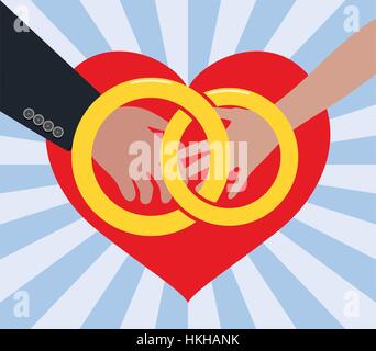Vettore illustrazione il matrimonio di un uomo e di una donna in amore, con anelli d oro e cuore rosso Illustrazione Vettoriale