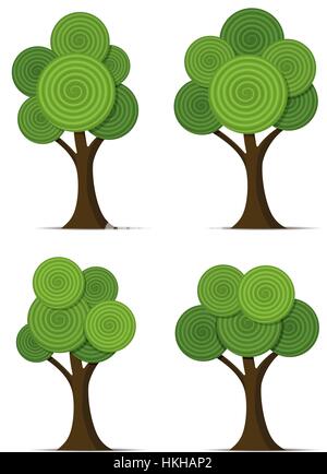 Set di vettore di stilizzati alberi astratti rotonde con forme a spirale Illustrazione Vettoriale