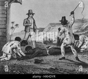 Incisione di schiavi in flogged da overseer, nelle Indie Occidentali, preso da una serie 'Bickell's West Indies as Tey Really are', 1829. Dalla Biblioteca pubblica di New York. Foto Stock