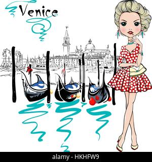 Carino moda ragazza a Venezia, Italia. Illustrazione Vettoriale