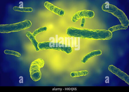 Più verde di virus o batterio vista microscopico in illustrazione di fluido con profondità di campo Foto Stock