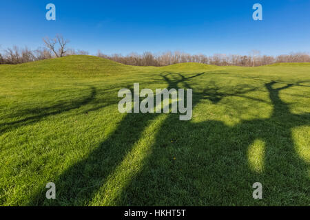 Ombre di albero che attraversa il paesaggio del Tumulo città di gruppo, dove una civiltà di inizio gli indiani americani hanno prosperato circa duemila anni fa, ora preserv Foto Stock