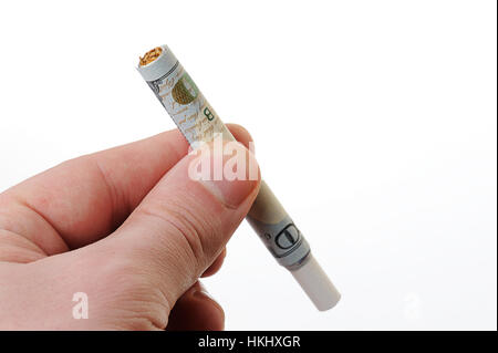 Dollar banconota laminati come sigaretta isolato su bianco Foto Stock