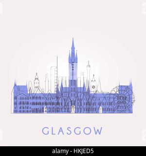 Profilo dello skyline di Glasgow con punti di riferimento. Illustrazione Vettoriale. Viaggi di affari e turismo concetto con edifici storici. Immagine per presentazione, bann Illustrazione Vettoriale