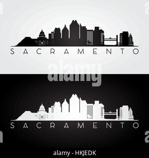 Sacramento USA skyline e punti di riferimento silhouette, design in bianco e nero, illustrazione vettoriale. Illustrazione Vettoriale