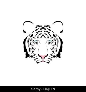 Illustrazione vettoriale di una tigre bianca testa con occhio azzurro. Adatto come tattoo, squadra mascotte, simbolo per zoo o animale centro di conservazione. Illustrazione Vettoriale