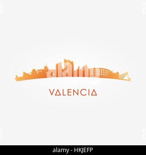 Profilo dello skyline di Valencia con punti di riferimento. Illustrazione Vettoriale. Viaggi di affari e turismo concetto con edifici storici. Immagine per presentazione, ban Illustrazione Vettoriale