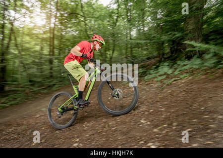 Mountain biker in sella in salita in foresta, Baviera, Germania Foto Stock