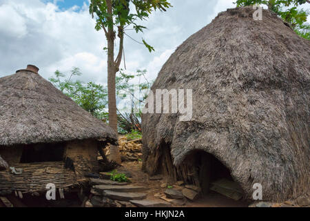 Konso paesaggio culturale (patrimonio mondiale dell'UNESCO), case di villaggio con tetto di paglia, Etiopia Foto Stock