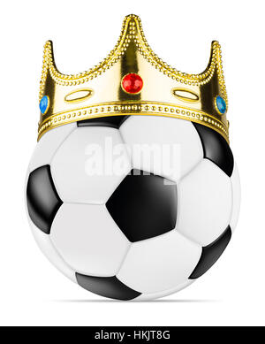 Retrò classico bianco nero palla calcio vincitore concetto con golden re corona sfondo isolato Foto Stock