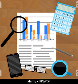 Analisi della relazione annuale di dati. Le statistiche delle imprese e strumenti di analisi e pianificazione diagraama. Illustrazione Vettoriale Foto Stock