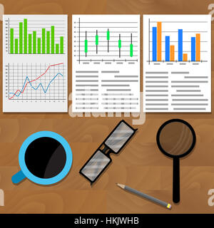 Analisi dei dati grafici e tabelle. Schema infografico statistica, business area di lavoro, illustrazione vettoriale Foto Stock