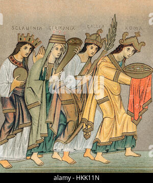 Femmina personificazioni di Sclavinia, Germania, Gallia e Roma portando doni per otto III., i vangeli di Ottone III, un fine decimo o inizio del XI secolo i Foto Stock